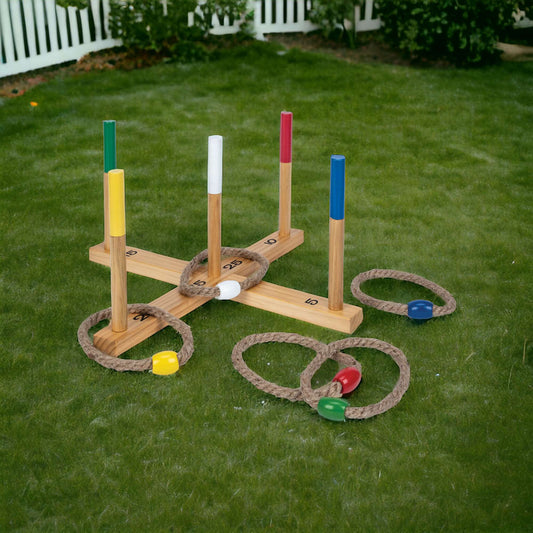 Wooden Ring Toss with 5 Colour Hemp Rings for up-to 5 Players