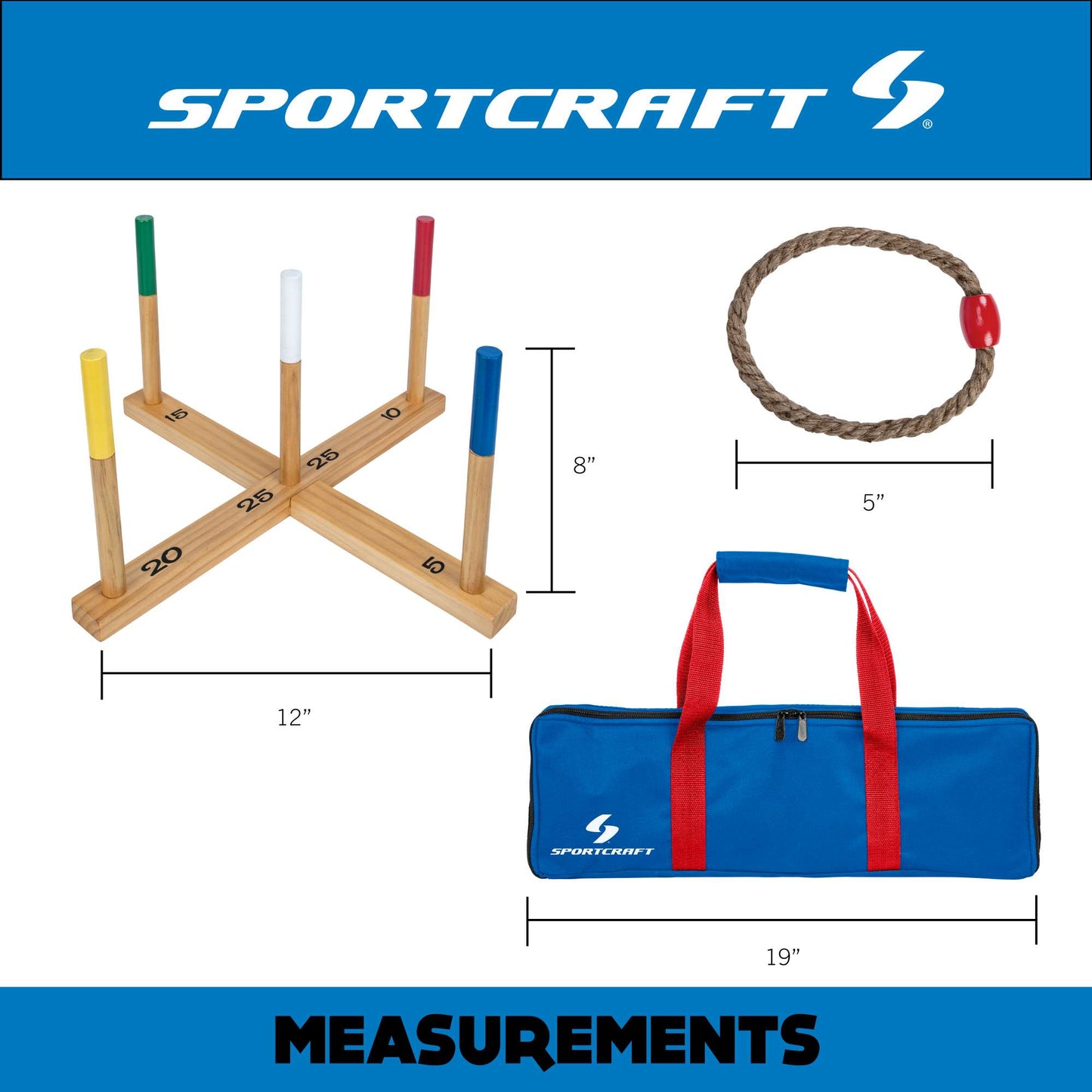Wooden Ring Toss with 5 Colour Hemp Rings for up-to 5 Players