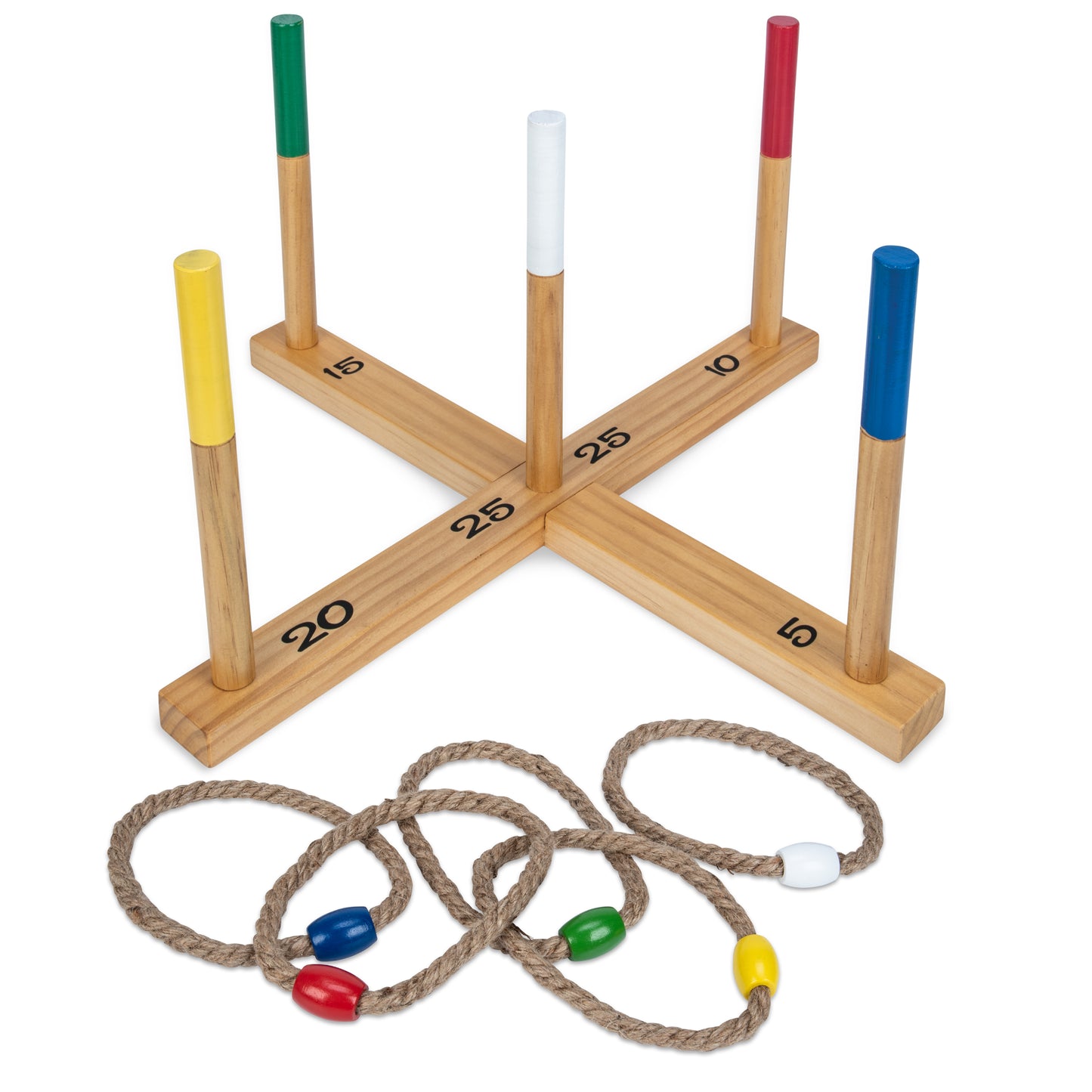 Wooden Ring Toss with 5 Colour Hemp Rings for up-to 5 Players
